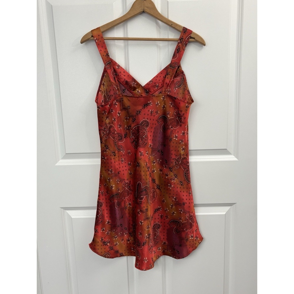 VTG whimsigoth Satin Slip Dress Red Paisley Fairy Grunge Y2K Velvet Trim M 0362 - Picture 5 of 7